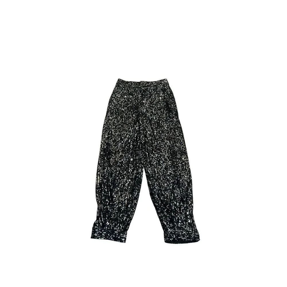 Zara Women's Mid-rise Sequined Dressy Jogger Pants Black Silver XS